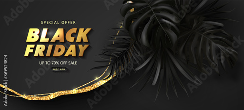 Black Friday luxury black background with Golden text, frame and tropical leaves. Modern design.Universal vector background for poster, banners, flyers, card.