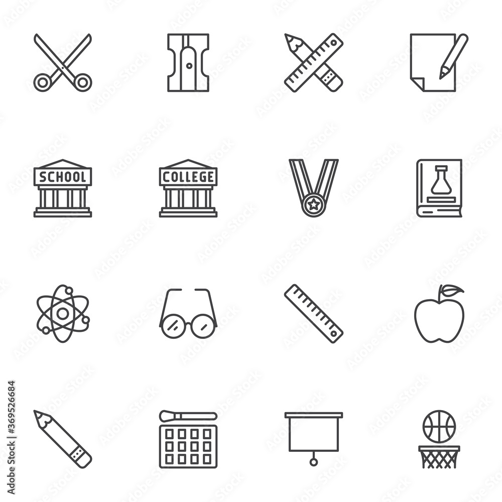 Education related line icons set, outline vector symbol collection, linear style pictogram pack. Signs logo illustration. Set includes icons as school and college building, pen with ruler, apple, ball Education related line icons set, outline vector symbol collection, linear style pictogram pack. Signs logo illustration. Set includes icons as school and college building, pen with ruler, apple, ball