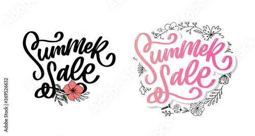 Trendy floral vector template. Summer flowers and Summer sale lettering illustration.