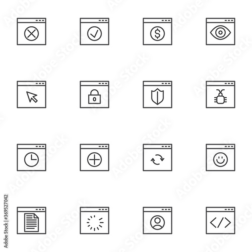Website UI line icons set, outline vector symbol collection, linear style pictogram pack. Signs, logo illustration. Set includes icons as private webpage interface, virus page, web coding, monitoring