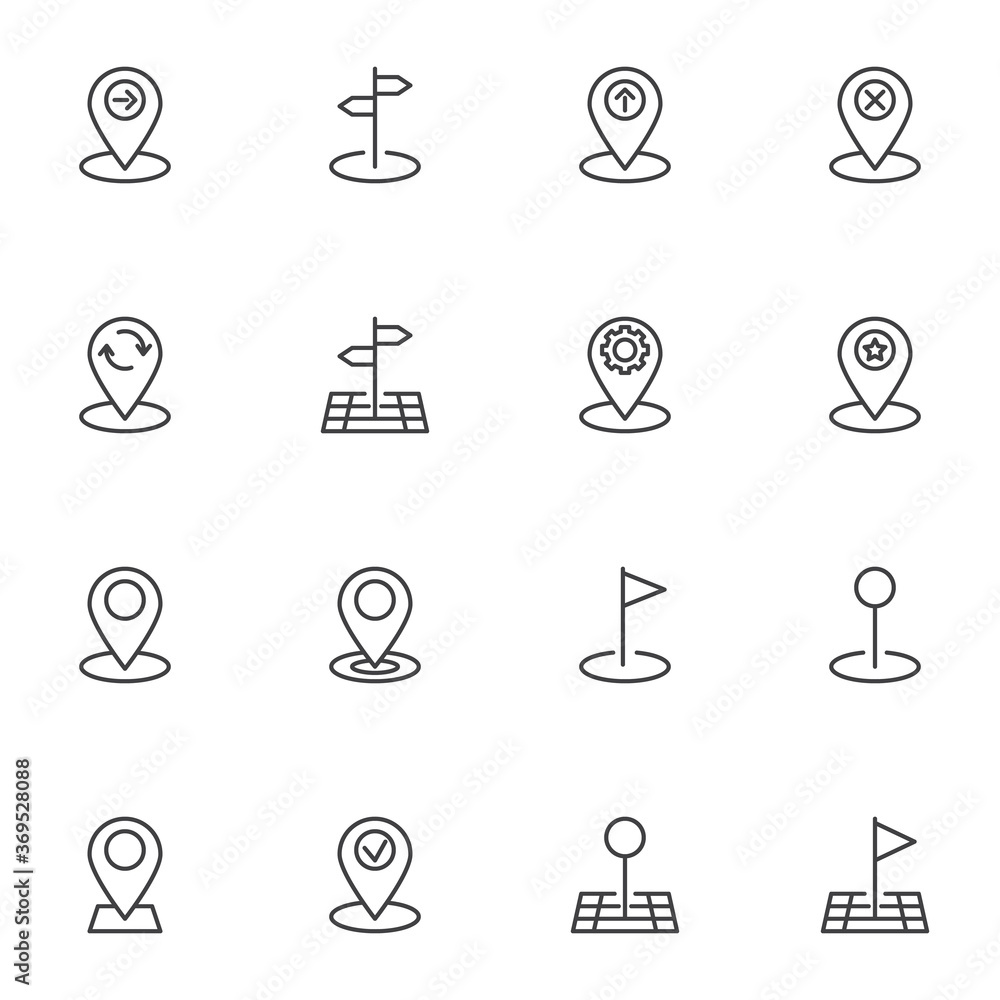 Map pointer line icons set, outline vector symbol collection, location pin linear style pictogram pack. Signs logo illustration. Set includes icons as gps navigation marker, direction place, bookmark Map pointer line icons set, outline vector symbol collection, location pin linear style pictogram pack. Signs logo illustration. Set includes icons as gps navigation marker, direction place, bookmark
