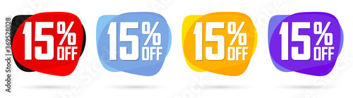 Set Sale 15% off bubble banners, discount tags design template, vector illustration