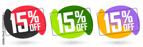 Set Sale 15% off bubble banners, discount tags design template, vector illustration