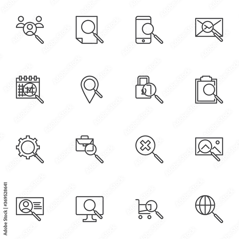 Search system line icons set, outline vector symbol collection, linear style pictogram pack. Signs, logo illustration. Set includes icons as user contact search, document file, message, gallery