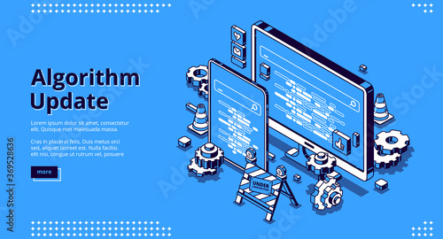 Algorithm update isometric landing page. Programming, digital optimization for devices concept with smartphone and computer desktop, cogwheels and under construction sign 3d vector line art web banner