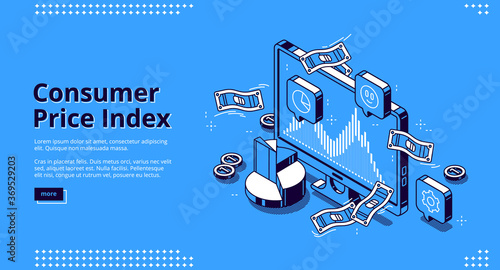 Consumer price index banner. Concept of measure average change price for goods and services. Vector landing page of CPI with isometric illustration of money, chart and graph on computer monitor