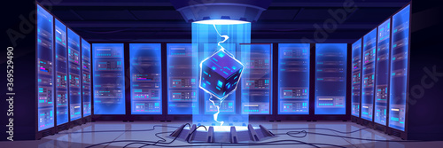 Vector cartoon interior of future data center room with server hardware and hologram of processor. Concept of bigdata technology, cloud information base, artificial intelligence