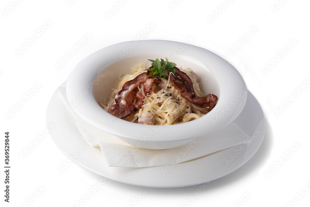 Pasta Carbonara on a white plate, for delivery, italian food Pasta Carbonara on a white plate, for delivery, italian food