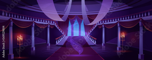 Hall interior with ghost in medieval royal castle at night. Vector cartoon illustration of empty hallway in baroque palace with stairs, balustrade, glowing candles and mystical fog