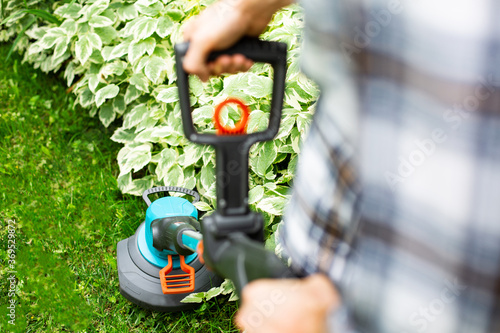 Schilderij op canvas Cutting the lawn with cordless grass trimmer, edger, focus on trimmer