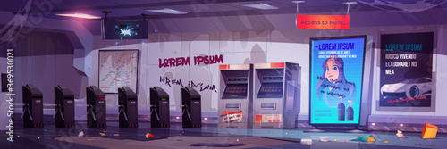 Empty entrance to metro station with turnstile, ticket machine and subway map. Vector cartoon illustration of messy interior of underground railway with trash, broken display and graffiti on wall