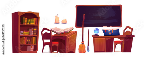 Magic school interior with open book of spell, chalkboard and bookcase. Vector cartoon set of furniture in wizard or witch room, broom, candles and magician wand