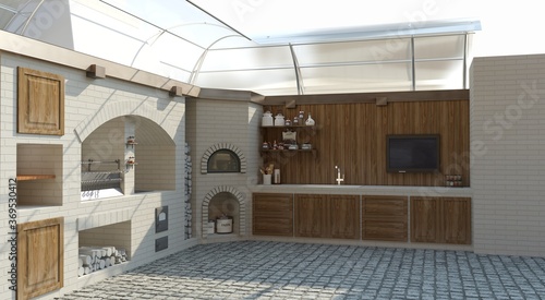 Tablou pe pânză barbecue area, exterior visualization, 3D illustration