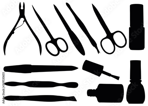 Manicure set. Nail Polish, nail file, tweezers, wire cutters, scissors.