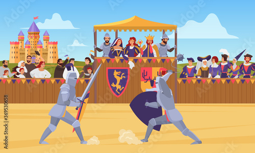 Medieval knight tournament vector illustration. Cartoon flat knight characters in body armor suits fight duel with swords on battlefield, medieval entertainment, historical battle games background