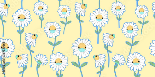 Flowers seamless pattern, Daisy cartoon characters on yellow wallpaper. 