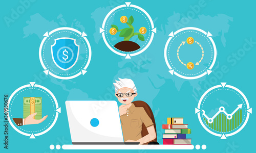 Financial literacy course for elder concept. Design by old man use laptop for learning of retirement pension, protect fund, investment, compound interest and wealth growth. Vector illustration