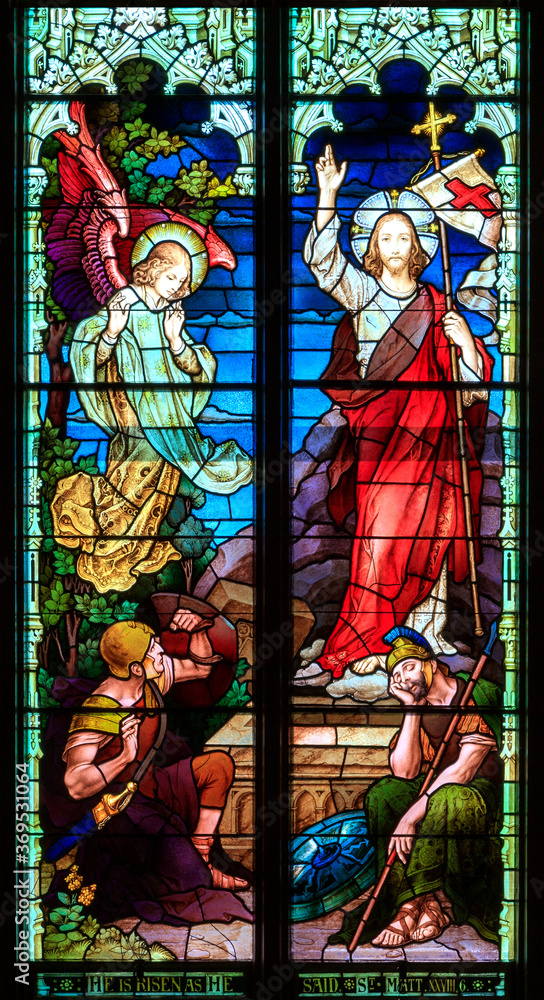 Stained glass representation of a story from the Bible, New Testament