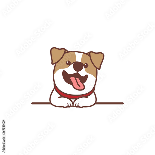 Funny jack russell terrier dog smiling over wall cartoon, vector illustration