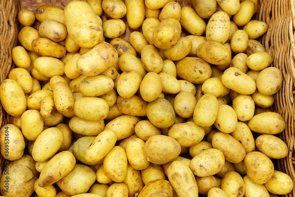 Fresh organic young potatoes sold in the market. Traditional bazaar.Trade in farm products. Selective focus. Fresh organic young potatoes sold in the market. Traditional bazaar.Trade in farm products. Selective focus.