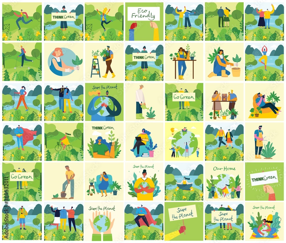 Obraz premium Set of eco save environment pictures. People taking care of planet collage. Zero waste, think green, save the planet, our home hand written text in the flat design