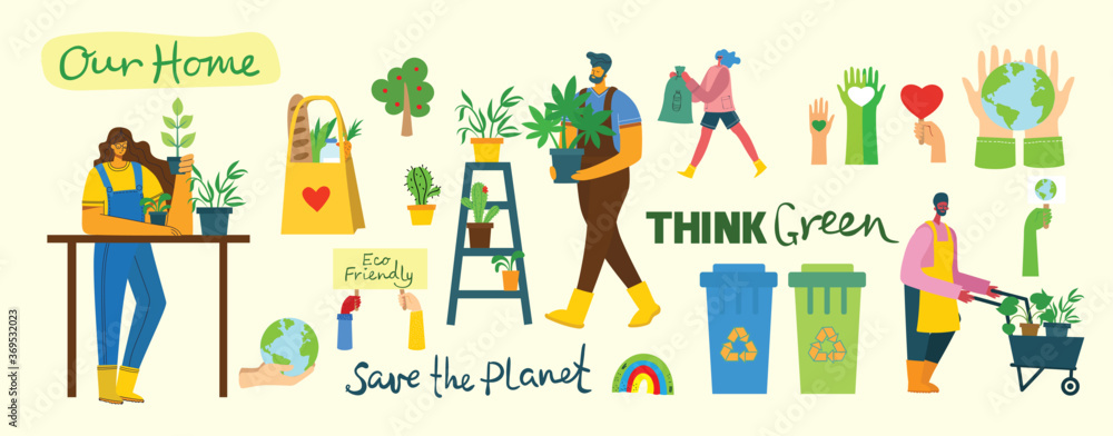 Set of eco save environment pictures. People taking care of planet collage. Zero waste, think green, save the planet, our home hand written text in the flat design Set of eco save environment pictures. People taking care of planet collage. Zero waste, think green, save the planet, our home hand written text in the flat design