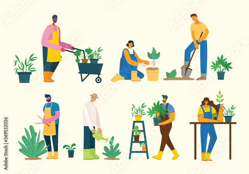 Young man and woman gardener holding a flower pot. Vector illustration in a flat style