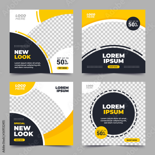 Set of Editable minimal square banner template. Black and yellow background color with stripe line shape. Suitable for social media post and web internet ads. Vector illustration with photo college