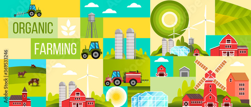 Organic farm abstract background with tractor, cows, barn, mill, red houses, green fields. Agriculture farming poster with wind turbines, water tower, multicolored squares for organic products ads