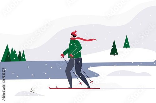 winter. man is skiing. nature in the style of minimalism. flat style vector illustration