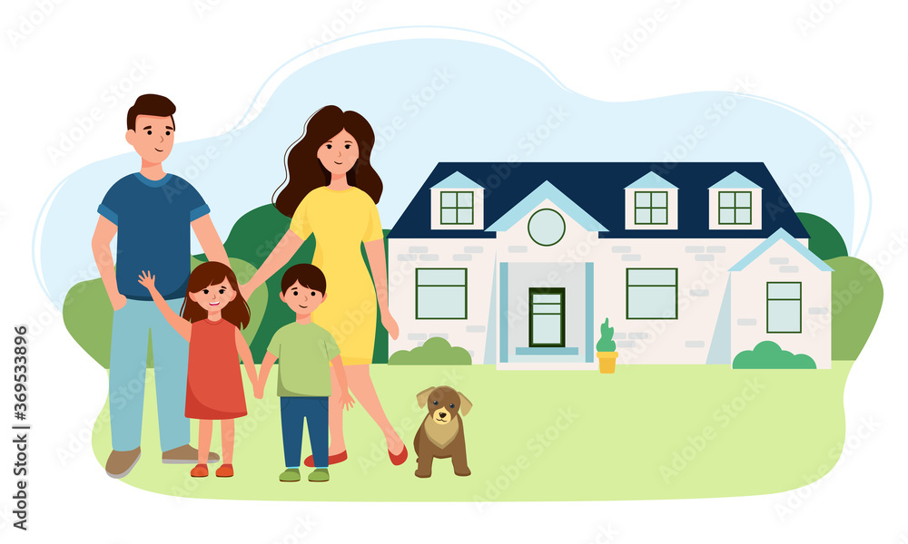 a happy family. mom, dad with children. against the background of a large house, a beautiful, gentle vector illustration in flat style, cartoon a happy family. mom, dad with children. against the background of a large house, a beautiful, gentle vector illustration in flat style, cartoon