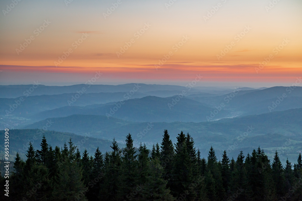 Fototapeta premium Sunset in Beskid Żywiecki, Poland