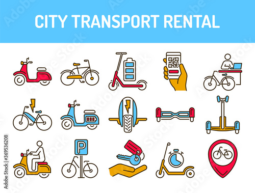 City transport rental color line icons set. Ecological vehicle: bicycle, monowheel, gyrobord, gyroscooter, scooter. Pictograms for web, mobile app, promo. UI UX design element. Editable stroke