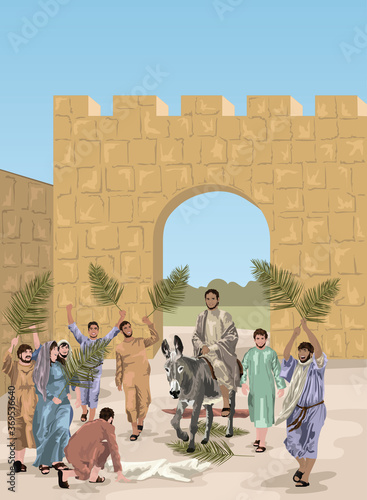 Jesus' Triumphal Entry Into Jerusalem On Donkey, With Crowd Waving Palm Leaves Vector - Easter Story