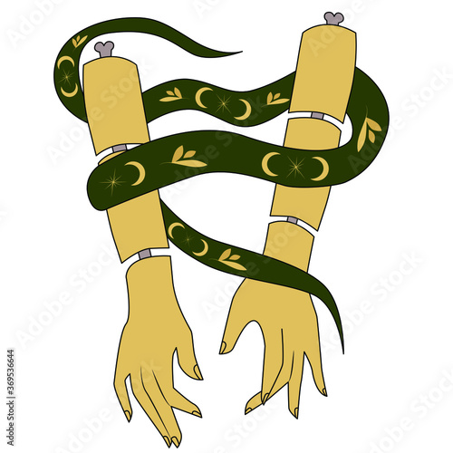 Vector illustration. Snake in hand. Alchemy, astronomy. Magic object. hands and a snake. Seance, witch's palm, cult of space and magic.Magic of the sun and moon.The religion of.