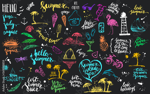 Hand drawn colored chalk summer design element set