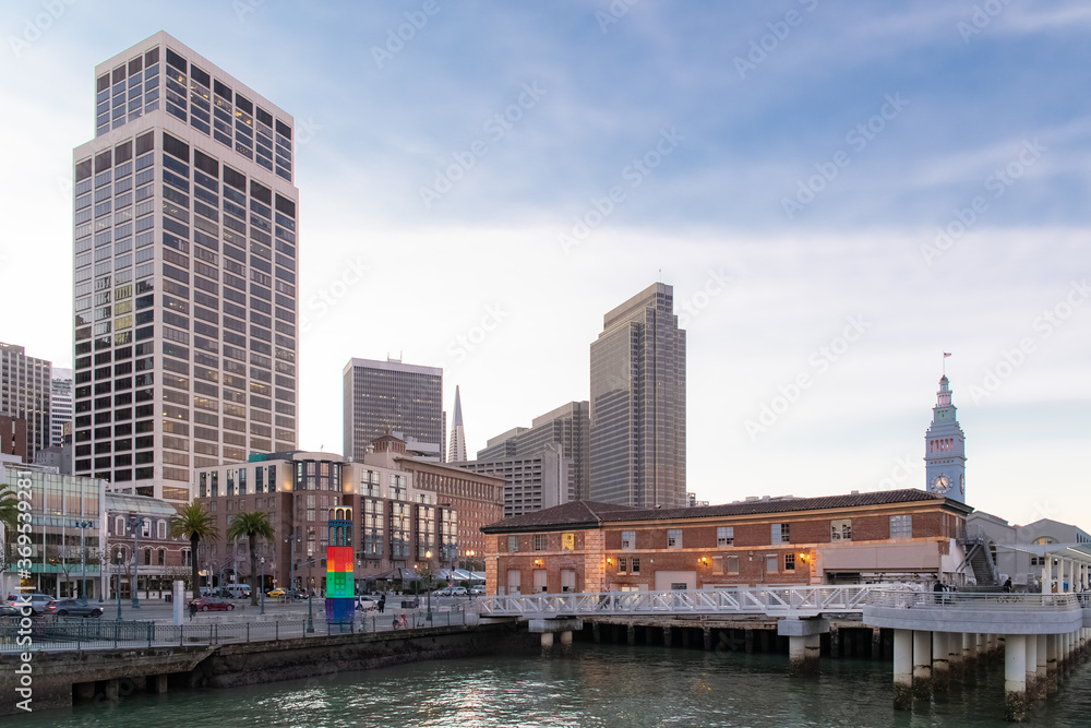San Francisco, the Embarcadero, downtown at sunset, view from the pier, panorama