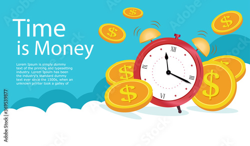 Site, Time is money on clouds. Landing page Business and finance management, mutual fund, annual payment, make money, income growth, Flat style vector illustration.