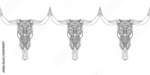 Ethnic Seamless Pattern of Cowl Skulls. Vector Illustration. Stylized Bull Heads. Decorative Texture Background. Design for Fabric or Wallpaper. Lacy Fashion Print for Textile. Art Nouveau Style.
