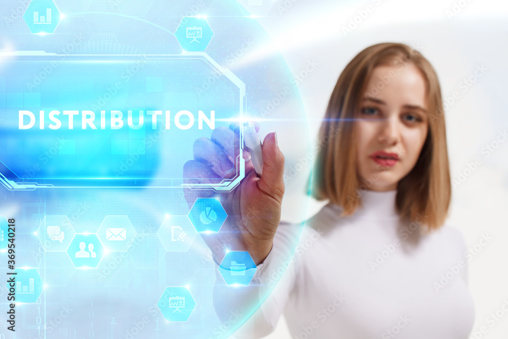 Business, Technology, Internet and network concept. Young businessman working on a virtual screen of the future and sees the inscription: Distribution Business, Technology, Internet and network concept. Young businessman working on a virtual screen of the future and sees the inscription: Distribution