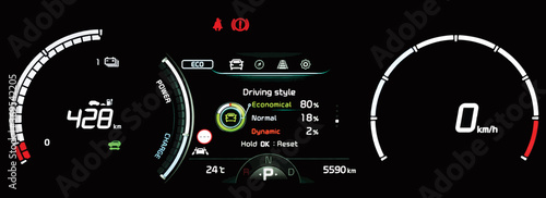 Illustration of modern LCD instrument cluster with driving style display in center. Car dashboard panel with speedometer, odometer and battery range display in full electric vehicle. Driver scoring.