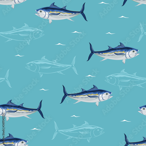 Tuna fish seamless pattern. Vector illustration of fish in the blue sea. Cartoon flat style. Seafood background.