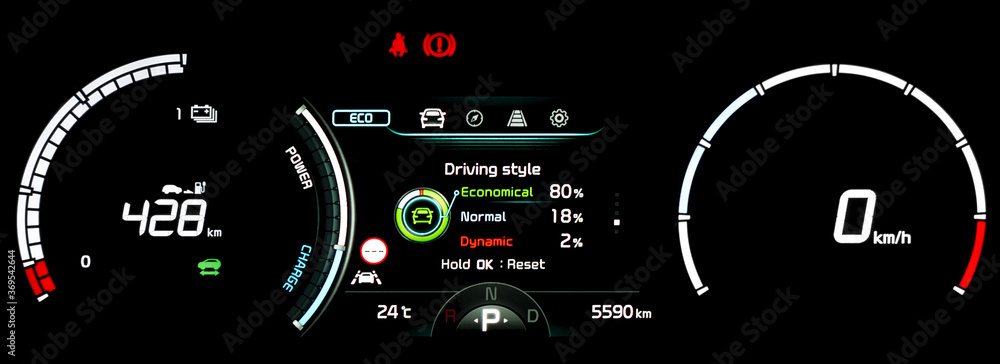 Modern LCD instrument cluster with driving style display in center.  Illuminated car dashboard panel with speedometer, odometer and battery  range display in full electric vehicle. Driver scoring. Stock Photo | Adobe  Stock