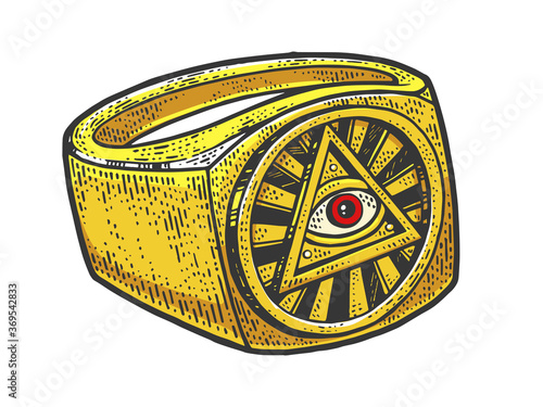 Eye of God Providence ring masonic symbol color sketch engraving vector illustration. Scratch board style imitation. Black and white hand drawn image.