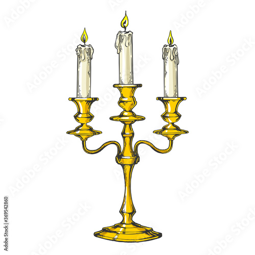 Vintage candelabrum with candles color sketch engraving vector illustration. T-shirt apparel print design. Scratch board imitation. Black and white hand drawn image.