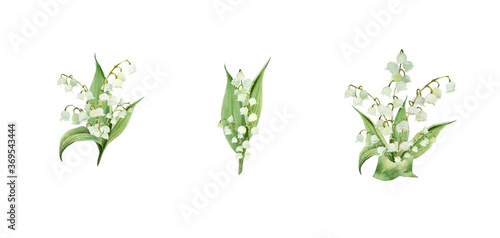 watercolor flower arrangement with bouquets of white lilies of the valley
