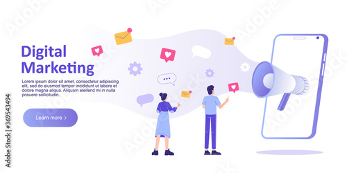 Digital marketing concept for web banner and website. Online social media, marketing strategy. Refer a friend advertising. Landing page template. Homepage design. Modern flat vector illustration