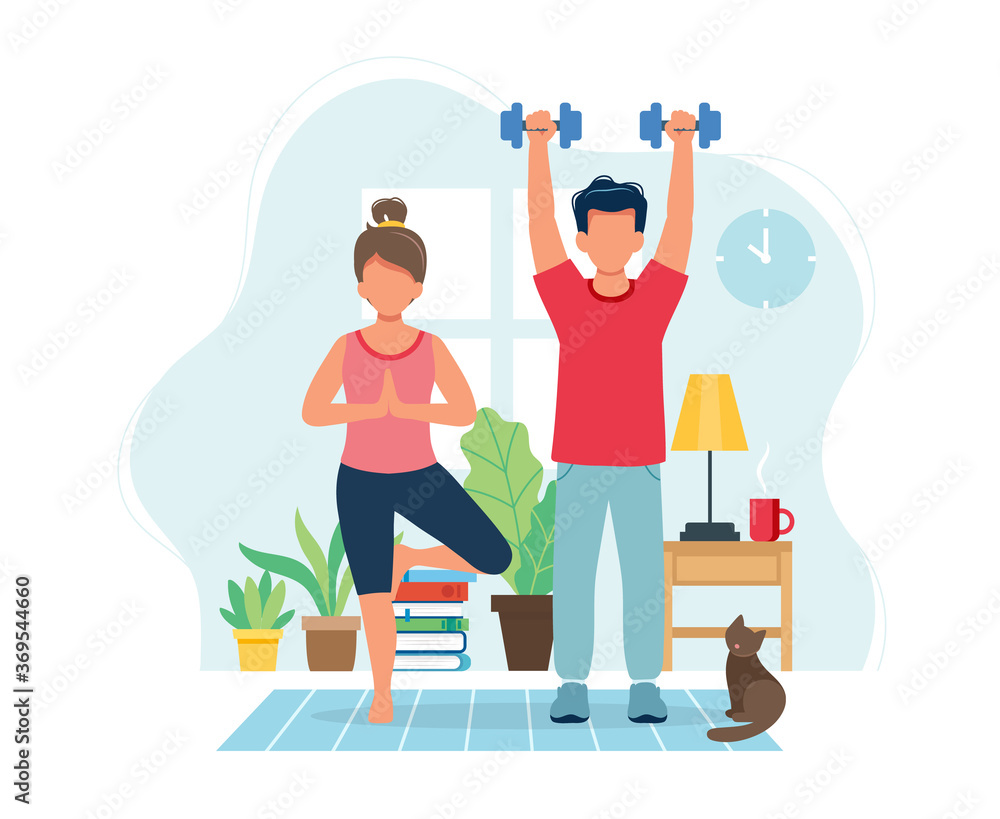 Stay home concept. People doing exercise in cozy modern interior. illustration in flat style