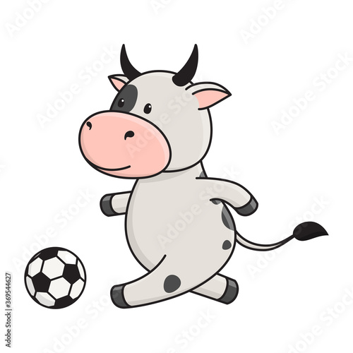 Cute spotted bull or cow playing football  running for ball  playing sports. Ox is symbol of New Year 2021 according to Chinese and Eastern calendar. Vector stock illustration isolated on white