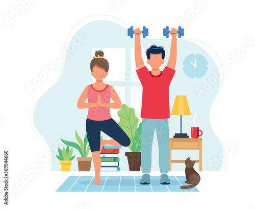 Stay home concept. People doing exercise in cozy modern interior. illustration in flat style